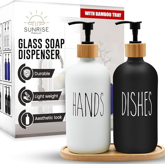 Sunrise Premium 16 OZ Thick White & Black Glass Soap Dispenser, Bamboo Pump with Tray 2 Pack, Hand and Dish Soap Dispenser Set for Bathroom with 6 Waterproof Labels