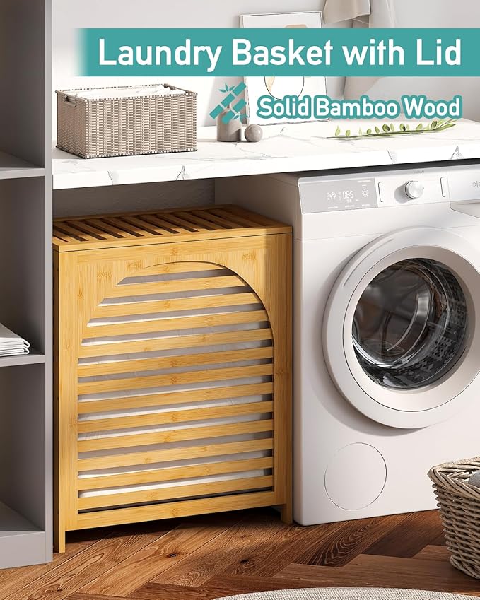 Laundry Hamper with Lid, 27.3 Gallon (103L) Bamboo Wood Clothes Laundry Basket with Lid and Handles, Removable Liner