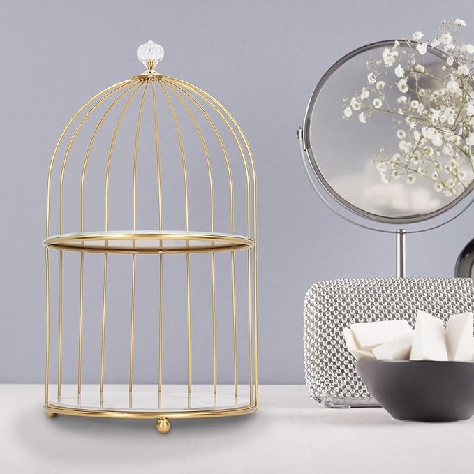 Double Layer Storage Shelf Bird Cage Organizer Display Rack for Bathroom Countertop Dressing Table Gold Frame (White Base Gold Pattern)