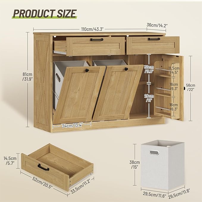 Double Tilt Out Laundry Hamper Cabinet, 43.3" Laundry Cabinet with 2 Removable Baskets, Farmhouse Wooden Hidden Trash Bin Cabinet with Open Shelving, for Bathroom, Natural