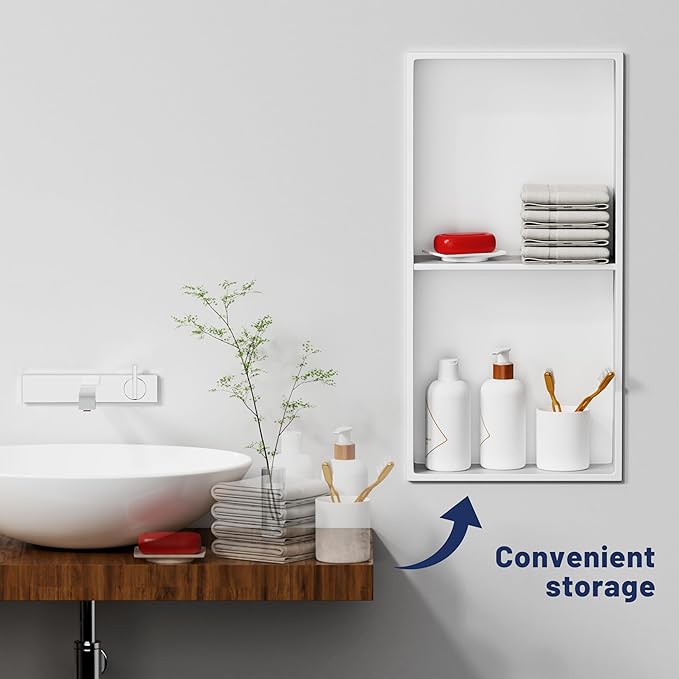 Stainless Steel Shower Niche 24" X 12" No Tile Needed Niche Shower with Two-Tier Recessed Wall Niches Insert for Bathroom Kitchen Storage, White