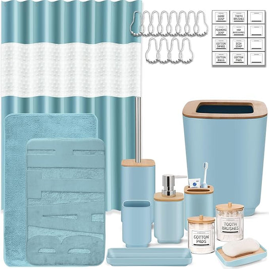 IMAVO Bathroom Accessories Set, Non-Slip Absorbent Blue Bathroom Rugs and Waterproof Shower Curtain with Hooks,Complete Bathroom Set for Bathroom Décor