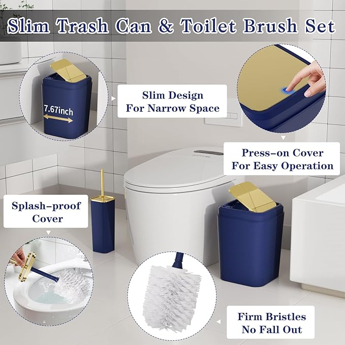Bathroom Set — Blue Bathroom Accessories Set, 11PC Bathroom Accessory Set, Blue Bathroom Set with Push-lid Trash Can, 3PC Soap Dispensers, Toilet Brush & Qtip Holders