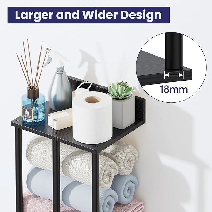 34 Inch Bathroom Towel Rack with Shelf – Modern Towel Holder for Bathroom Wall Mounted, Holds 6 Large Bath Towels, Rolled Towel Organizer for Bathroom, Laundry Room, and Small Space Storage，Black