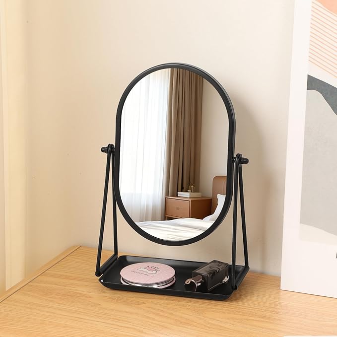 Desk Table Mirror with Stand Portable Vanity Tabletop Mirrors Black Metal Framed Oval Makeup Mirror 360°Adjust Rotate Cosmetic Mirrors Good for Office Bedroom Bathroom Dorm