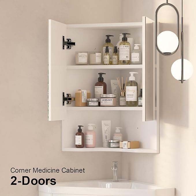 Bathroom Corner Medicine Cabinet, Corner Medicine Cabinet with 2 Doors,Small Cabinet for Bathroom,White,18x24 inch