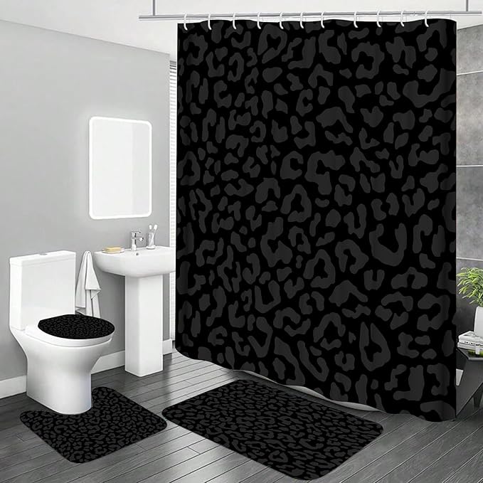Onalasyc 4 Pcs Cheetah Shower Curtain,Black Leopard Animal Print Bathroom Sets,Cheetah Bathroom Decor Set with Shower Curtain and Rugs,Bathroom Sets Complete,Set de baño,with 12 Pcs Hook