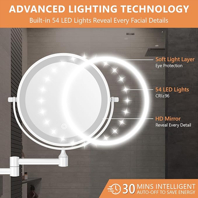 Auxmir 8'' Wall Mounted Lighted Makeup Mirror, 3200mAh Rechargeable Double-Sided 1X/20X Magnifying Mirror with Light, Touch Dimmable 3 Color Light, 360° Rotation Foldable Extended Arm, White