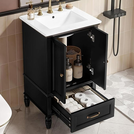 Virubi 20" Small Bathroom Vanity with Sink,Doors and Drawer,Wood Mid-Century Modern Bathroom Sink Cabinets with Adiustable Foot Pads,for Small Space,Freestanding (Black)