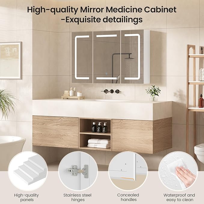 Hasuit Medicine Cabinet Organizer with Mirror, Lighted Bathroom Medicine Cabinet with Storage, 3 Doors Bathroom Wall Cabinet with LED Lights, Adjustable Shelves & Outlets, 35.4'' x 23.6'', White