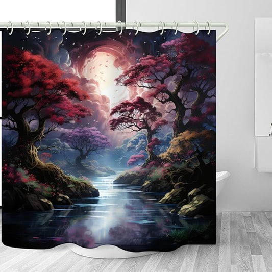 Shower Curtains, with Forest and River Themed Bright Colors, Brings A Unique Artistic Atmosphere to The Bathroom. The 72x79 Inch Fabric Shower Curtain Comes with 12 Hooks.