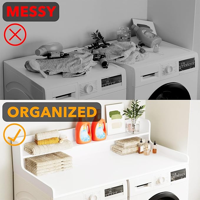 SpaceAid Washer Dryer Countertop with 2-Tier Shelf, Wood Topper with Edge, 54" Width x 27.5" Depth Cover Organizer Guard for Washer and Dryer Counter Laundry Hamper Storage (White)