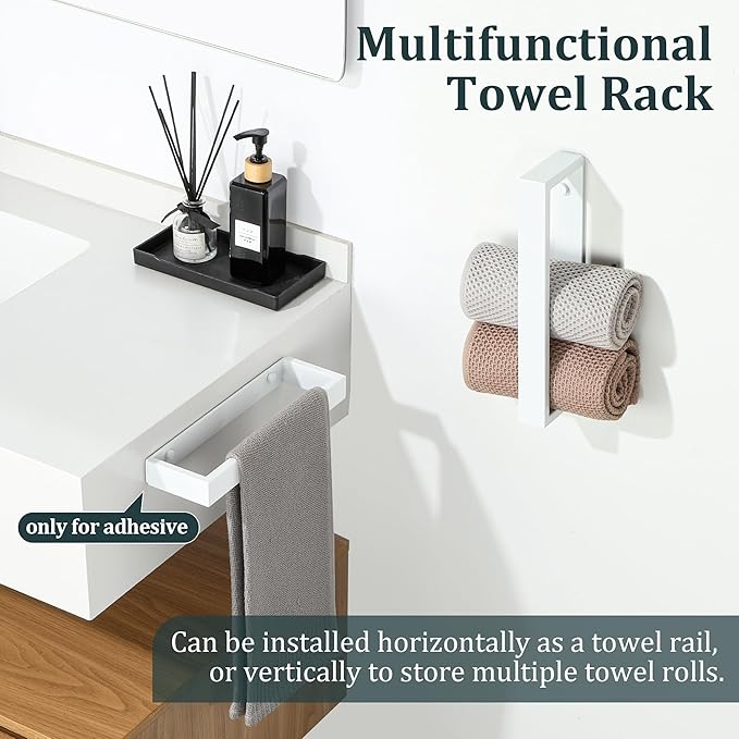 Sayayo White Towel Bar for Bathroom Wall, 10 Inch Hand Towel Holder, Screw or Self Adhesive Towel Ring Square SUS304 Stainless Steel, 3.2 Inch Wider Design