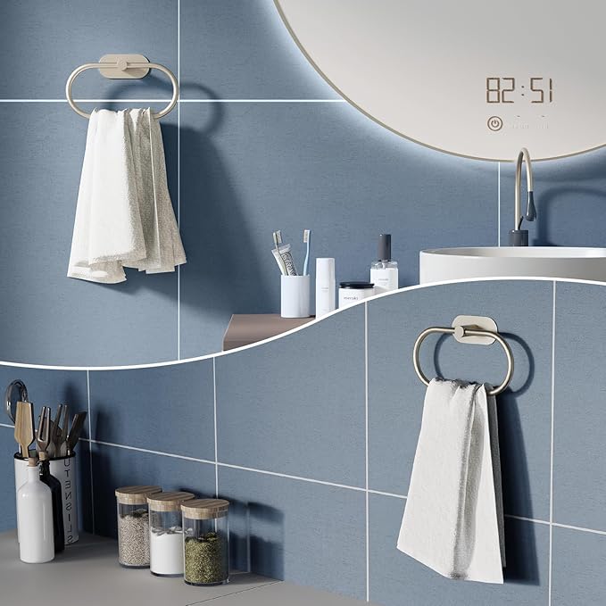 Adhesive Towel Holder for Bathroom Brushed Nickel No Drill Hand Towel Ring Stainless Steel and Zinc Alloy Self Adhesive Towel Hanger for Bath, Kitchen