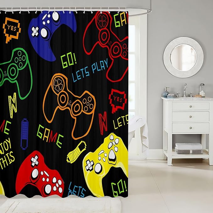 Feelyou Games Shower Curtain Gamepad Bath Curtain for Bathroom Stalls Bathtubs Gamer Video Game Comforter Gamer Console Decor Polyester Shower Curtain Set 72Wx72L Water Repellent