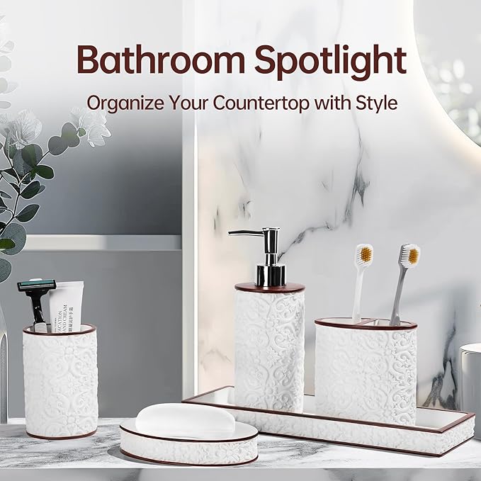 YMXYJM Bathroom Accessories Set, Elegant Handmade Floral Pattern, 5 Pcs Bathroom Accessory Set, Soap Dispenser, Toothbrush Holder, Qtip Holder, Complete Bathroom Sink Set, White
