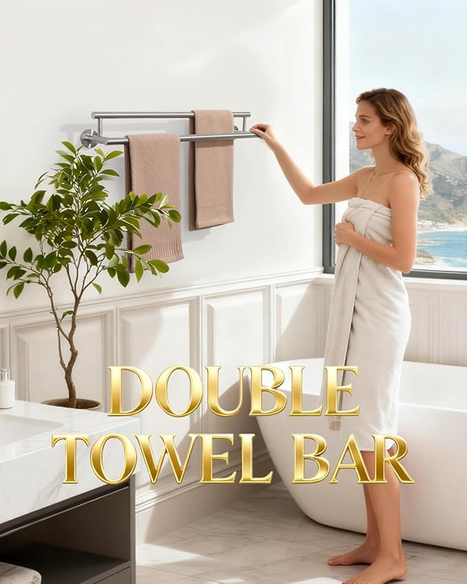 Alise Double Towel Bar Brushed Nickel,24" Towel Racks for Bathroom Wall Mounted,Bathroom Towel Rack SUS304 Stainless Steel Bathroom Towel Holder Quick Drying Hand Towel Holder Towel Bar for Walls