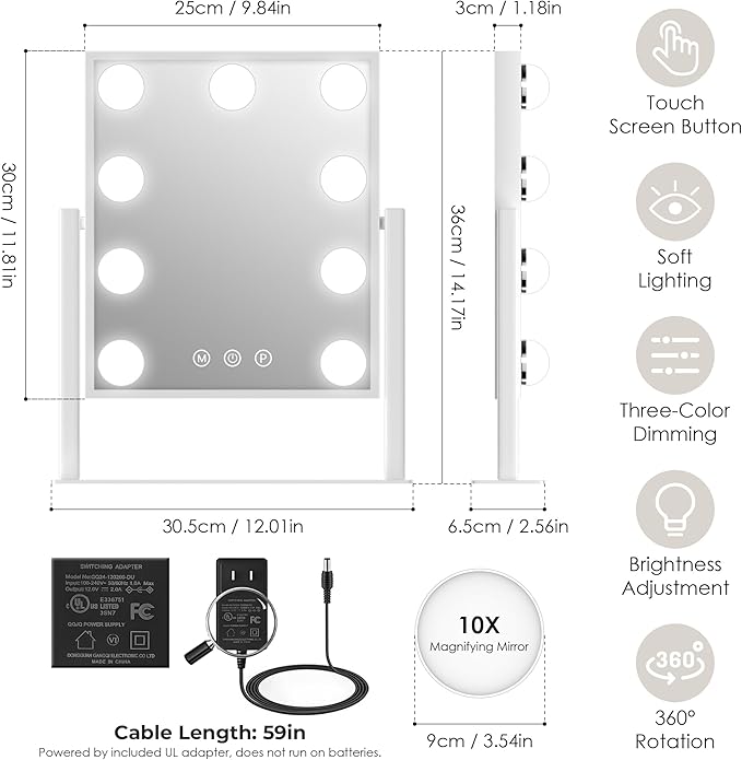 Vanity Mirror with Lights, Makeup Mirror with 3 Lighting Modes, Light Up Mirror with Touch Sensor, AC-Powered, 360 Rotatable, Metal Frame, with Detachable 10X Magnifying Spot Mirro, 14.1"