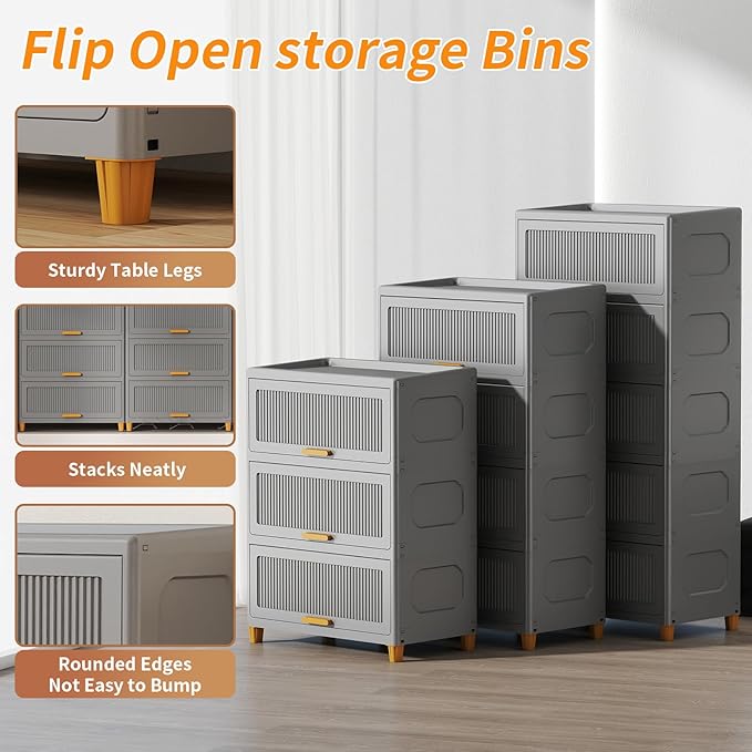 4 Tier Large Storage Bins with 1 Lid, 204QT Closet Organizers and Storage, Drawers Flip Open Plastic Containers for Living Room, Office, Dorm (4 Tiers)