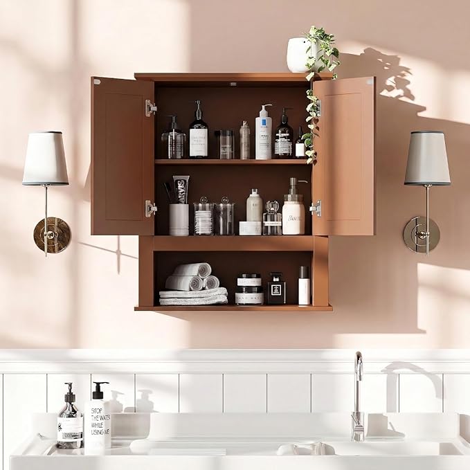 VINGLI Bathroom Wall Cabinet, Black Wall Mounted Storage Cabinet for Bathroom Over The Toilet, Medicine Cabinet with 2 Doors and 3-Height Adjustable Shelf & Open Shelf, Painted MDF, Space Saving