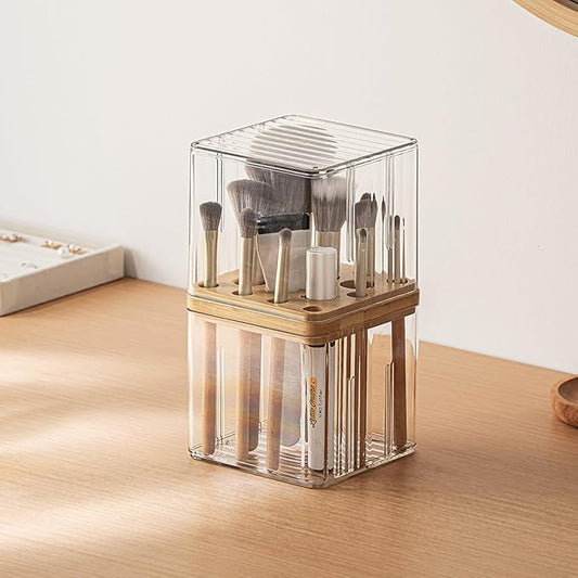 MORNITE Clear Makeup Brush Organizer with Lid, Freestanding 16-Slot Display Case Container Storage for Eyeliners, Lip Liners, Pencils Vanity or Bathroom Countertop Storage