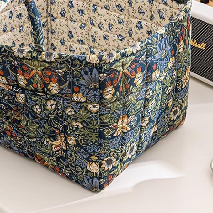 Quilted Fabric Storage Basket Boho Floral Laundry Hamper with Handle Foldable Floral Basket Organizer for Car Bedroom