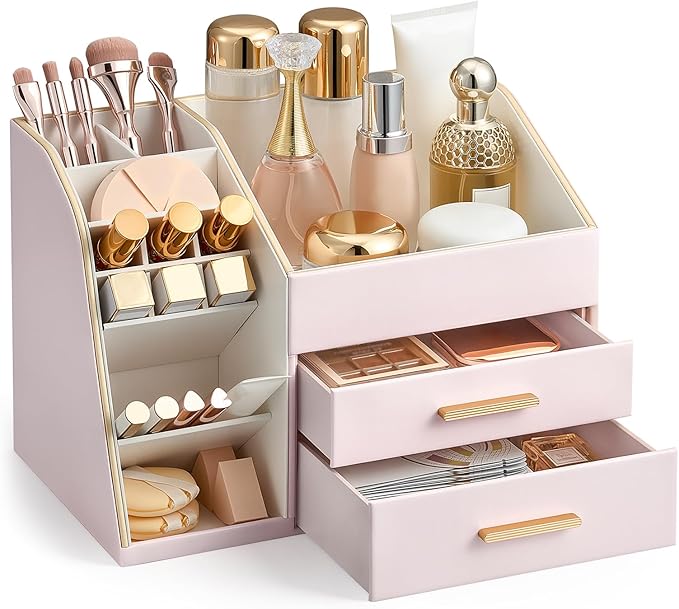 Lolalet Makeup Organizer with Drawers, PU Leather Spacious Skincare Holder Lipsticks Perfume Brushes Beauty Essentials Display Case for Vanity Dresser Countertop Bathroom Easy to Clean -Pink