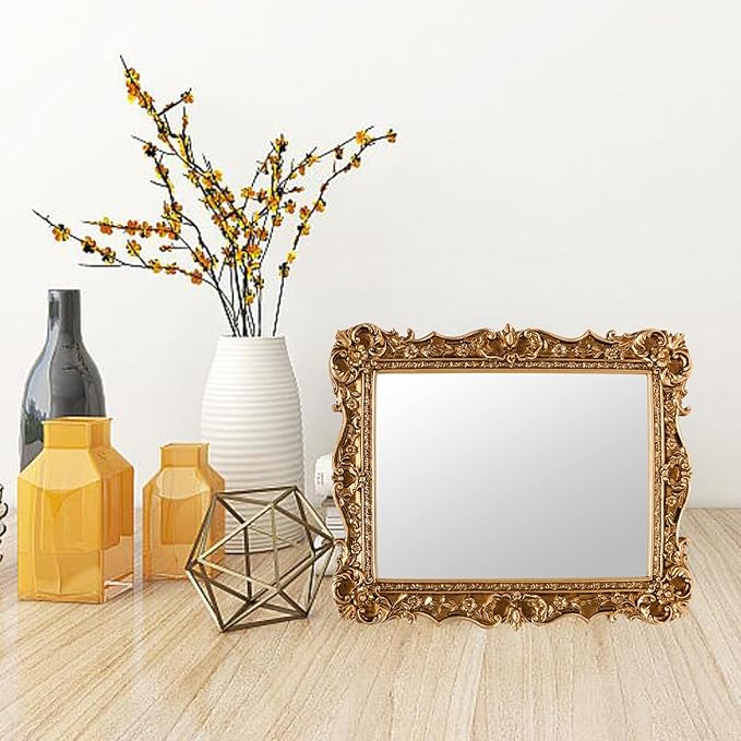 JANDERART Small Vintage Mirror 10x8 Inch, Antique Ornate Decorative Mirror for Desk & Wall, Vanity Mirror for Makeup Wall Decor, Gold
