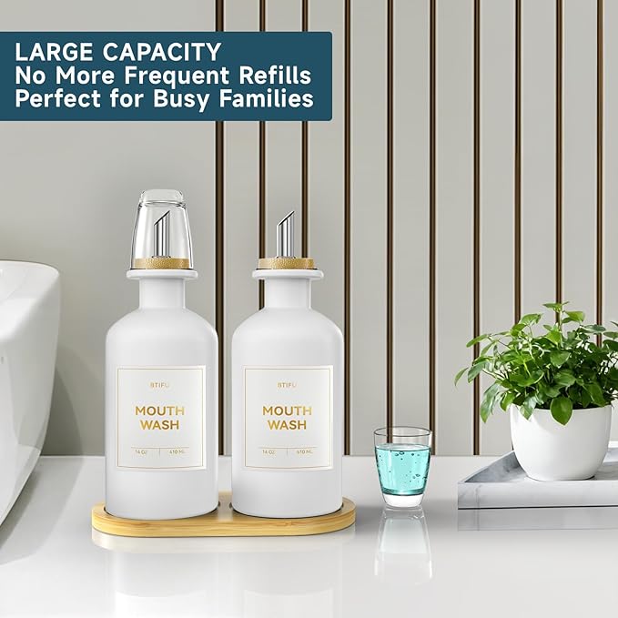 2PCS White Glass Mouthwash Dispenser for Bathroom Countertop – 14oz/410ml Refillable Mouthwash Container with Glass Cup & Bamboo Tray, Modern Bathroom Decor for Home, Vacation Rentals, Gym (White)