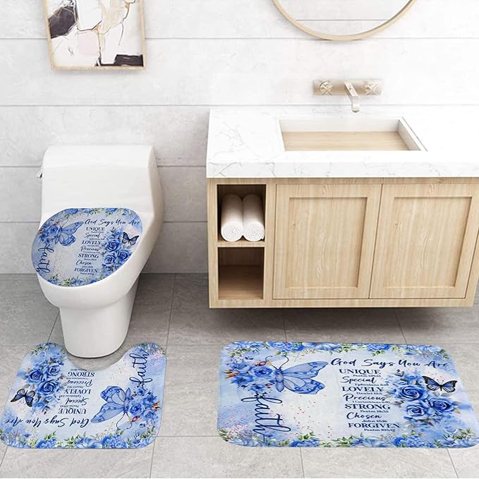 4 Pcs Blue Butterfly Inspirational Quotes Shower Curtain Set with Rugs, Toilet Lid Cover and Bath Mat, Bible Verse Floral Bathroom Decor Set Accessories, Colorful Boho Shower Curtain with 12 Hooks