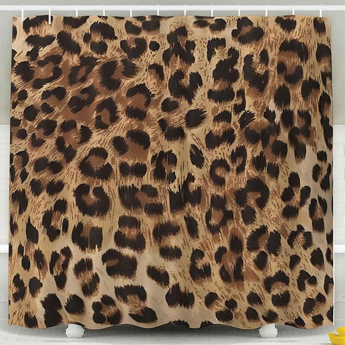 TOMWISH 4 Pcs Leopard Shower Curtain,Brown Cheetah Print Bathroom Sets Complete,Shower Curtain Toilet Lid Cover and Bath Mat Bathroom Decor Sets,juego de baños de Set Bath Accessories with Hooks