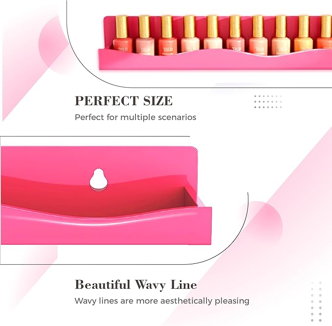 6 Pack Nail Polish Wall Mounted Shelf,15 Inch Nail Polish Floating Shelves for 66-90 Bottles Multi-Purpose,Ideal Gift, Great Display for Salons Retailers,Dark Pink