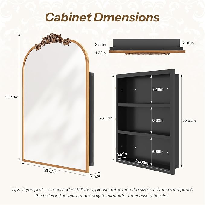 24x35 Inch Bathroom Medicine Cabinet with Mirror, Recessed or Surface Mount, Sturdy, Durable & Easy Installation, Vintage Metal Frame(Gold)