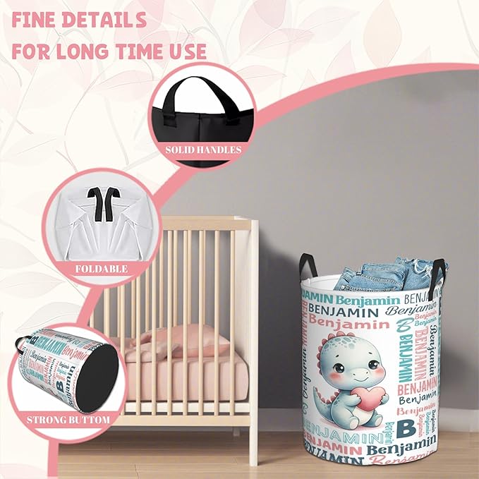 Custom Dinosuar Laundry Baskets, Personalized Dinosaur Gifts with Customized Name, Collapsible Laundry Hamper for Kids Adults Home Decoration,16.5 X 13.8in