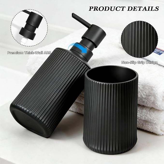 Bathroom Set Accessories, Black Plastic Soap Dispenser and Toothbrush Holder, 2-Piece Bathroom Counter Set for Modern Decor.