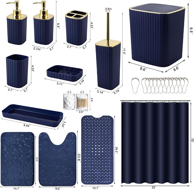 XLHOMO 26PC Bathroom Accessories Set - Gorgeous Blue Bathroom Set, Bathroom Accessory Set, Navy Blue Shower Curtain Set with Bathtub Mats for Shower Tub