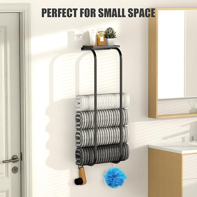 Towel Racks for Bathroom, Curved Bathroom Towel Storage Wall Mounted 30 inch with Shelf Can Holds 6 Large Towels, Wall Towel Rack for Rolled Towels, Black