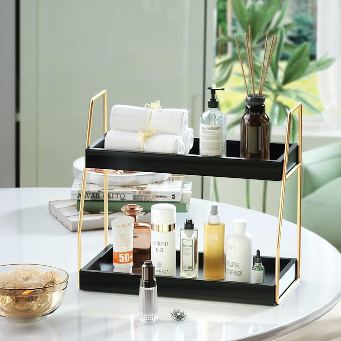 Bathroom Organizer Countertop, 2 Tier Small Counter Top Organizer for Bathroom, Decor, Modern Kitchen Counter Shelves for spice, Makeup Storage (carbon,2 Tiers)