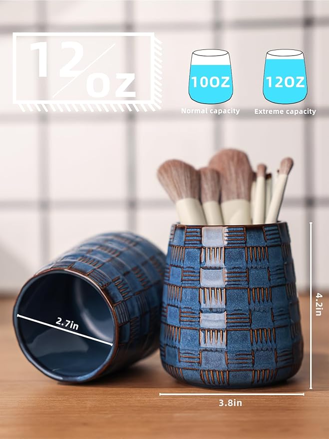 Ceramic Makeup Brush Holders, Bathroom Vanity and Countertop,Make up Brushes Cup for Cosmetics, Lipsticks, Bathroom Vanity Desktop Storage (Vintage Blue)