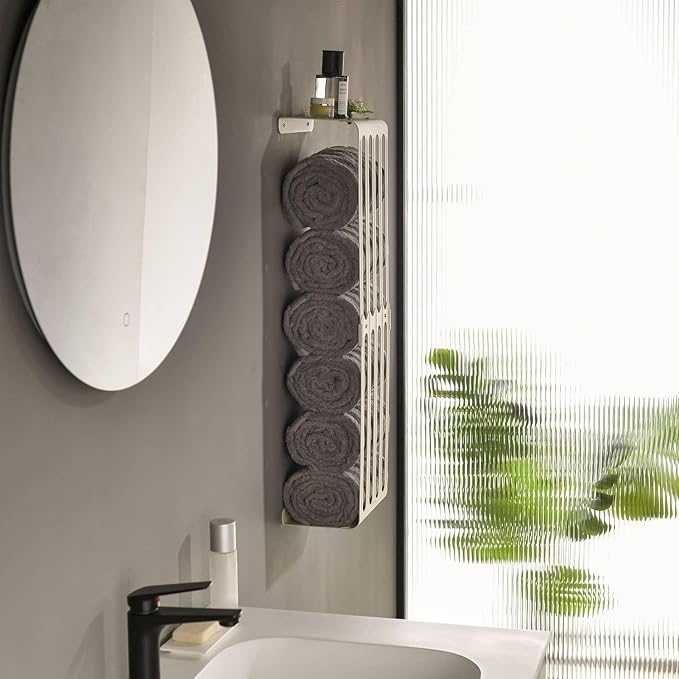 simpletome Towel Storage Rack Adjustable Height Wall Mount Bathroom Shelf Organizer Carbon Steel (Matte Cream)