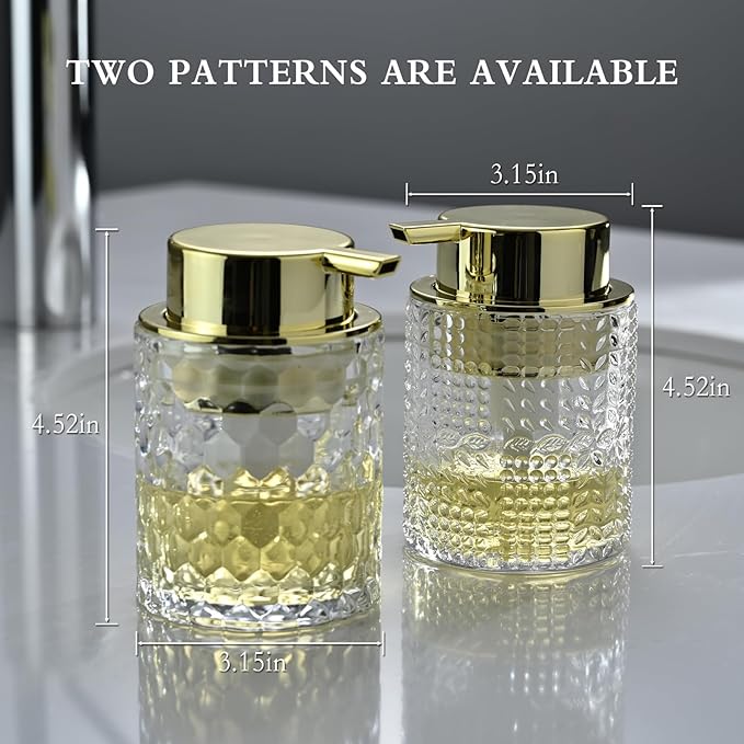 CICUFY Foaming Glass Soap Dispenser,Hand Foam Soap Dispenser for Kitchen & Bathroom-2 Pack（B-Type Clear Glass/Gold Pump）