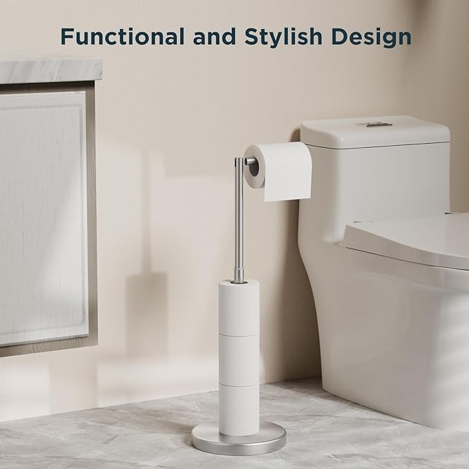 FORIOUS Toilet Paper Holder Stand Adjustable, Stainless Steel Freestanding Toilet Paper Holder with Storage, Bathroom Tissue Roll Stand Storage for 4 Rolls, Brushed Nickel (Pack of 2)