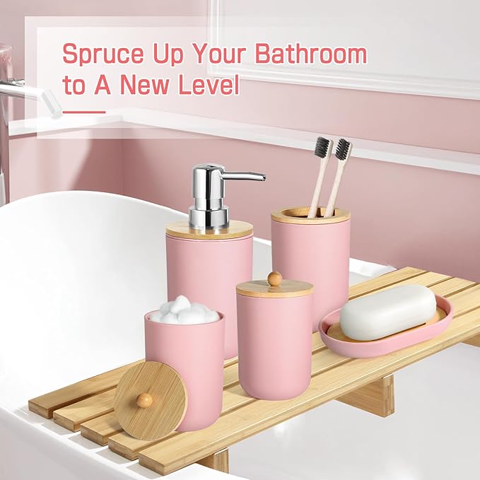 Pink Bathroom Accessories - 5 Pcs, Plastic Decor Set, Soap Dispenser, Toothbrush Holder, Soap Dish, Cotton Swab Jar, Boho Organizer