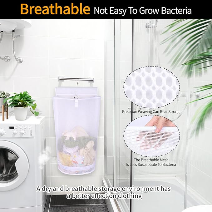 Hanging Collapsible Mesh Laundry Hamper - Breathable Fast Drying Laundry Bag, Space Saving Laundry Basket for Dorm, RV & Bathroom (White)