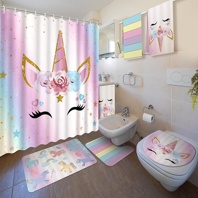 Nuanchu 6 Pcs Unicorn Shower Curtain Set with Rug Rainbow Unicorn Bathroom Sets with Shower Curtain Bath Mat U Shaped Mat Toilet Lid Cover 2 Bath Towels and 12 Hooks Pink Girls Bathroom Decor
