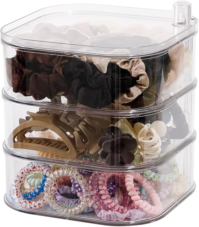 FABROK 3-Layer Hair Ties Organizer for Girls, Large Hair Accessories Storage Box for Clips, Scrunchies, Headbands, Rotating Bathroom and Vanity Container for Makeup Tools, Jewelry