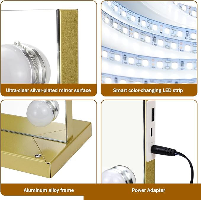 Vanity Mirror with Lights, 23"×18" Large Hollywood Makeup Mirror with 15 Dimmable Bulbs, 3-Color Lighting, Dimmable, 10x Magnification, Desk Mirror, Bedroom (Gold)