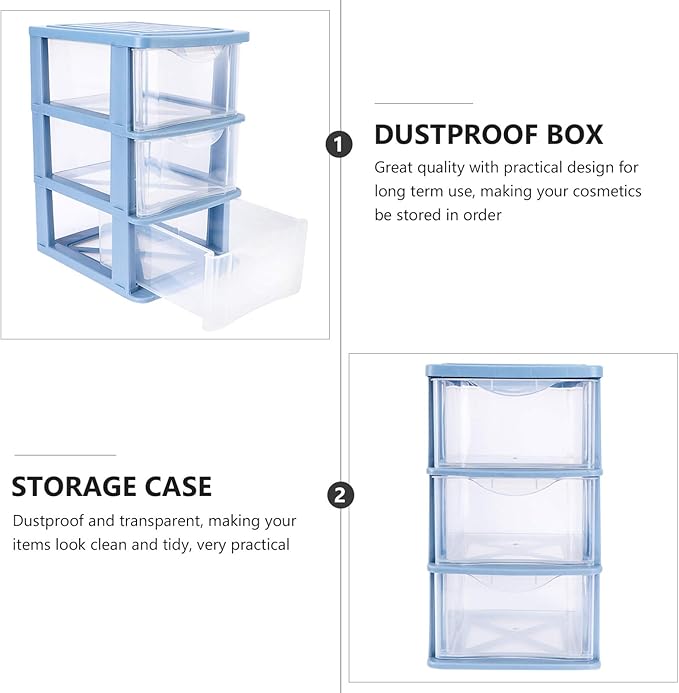 Drawer Storage Cabinet Plastic Makeup Organizer Storage Station Cube with 3 Drawers Cosmetics Jewelry Storage Case Display for Bathroom Vanity Cabinet Countertops Blue Plastic Desk Drawers