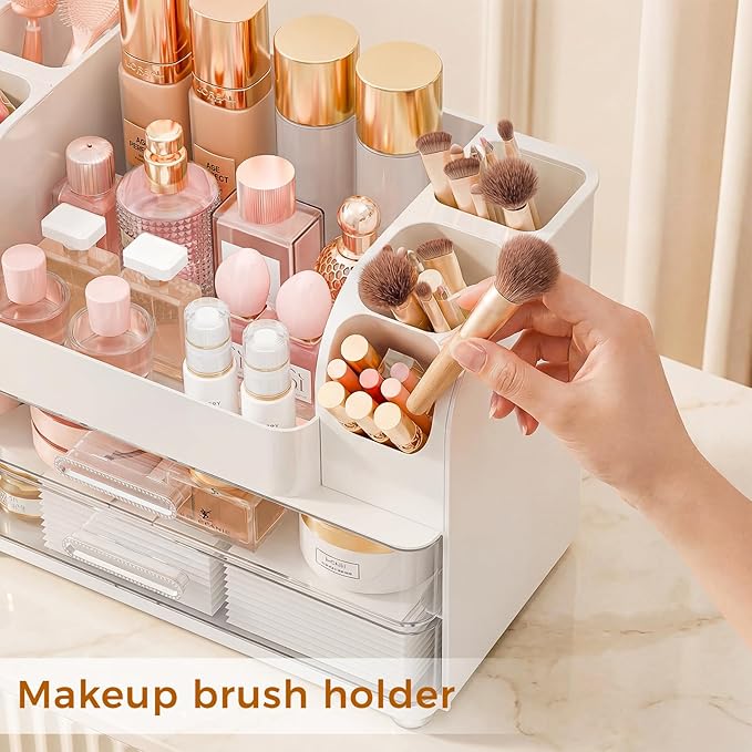 Makeup Organizer for Vanity with Brush Holder, Large Bathroom Countertop Organizer & Skincare Storage | Perfume, Cosmetics Display Case with Drawers (White)