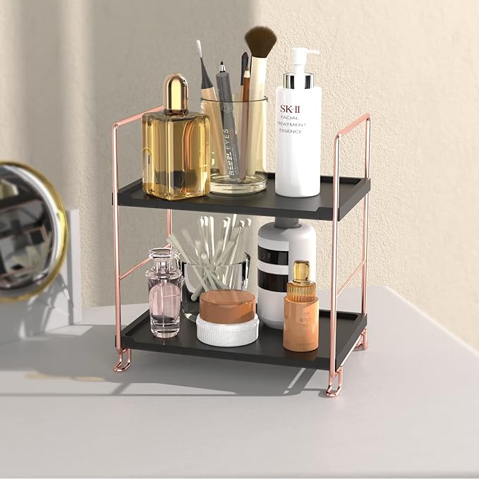 2-Tier Countertop Organizer Cosmetic Storage Rack Vanity Tray Stackable Standing Storage Shelf with Experience Manual(Rose Gold + Black)